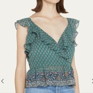 Veronica Beard Green Randa Paisley Silk Ruffle Trim Tank Top Women's 12 NWT